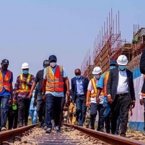 Governor Babajide Sanwo-Olu  on a site inspection of the rail project construction.